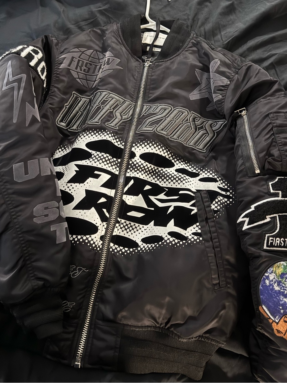 Black Graphic Bomber Jacket with White Print - Unbranded